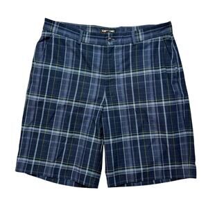 KIRKLAND SIGNATURE Tech Plaid Lightweight Shorts Size 36 Mens Blue Green Golf